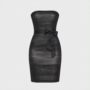 NWT Size 6. Tadashi Shoji Black Mesh over White Strapless Dress with Bow